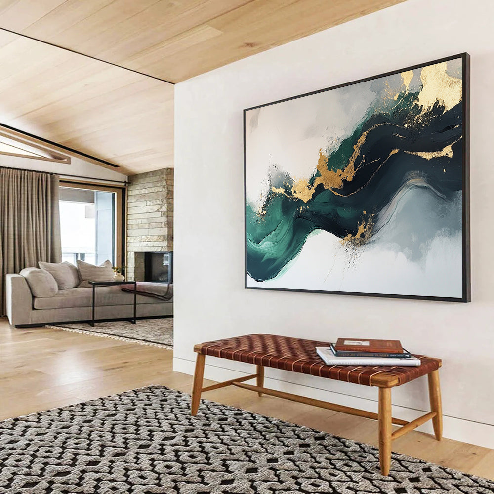 “Elegant Gold and Green Abstract Flow” - Green, gold, gray, white; Abstract fluid shapes with gold accents; Acrylic Painting On Canvas HB1240