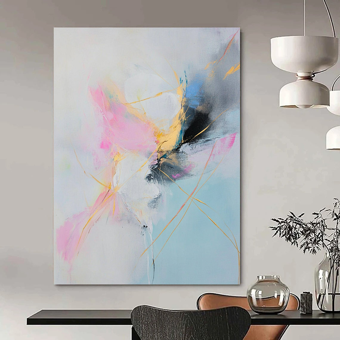 Large contemporary hand-painted abstract artwork featuring soft pastel colors and elegant golden lines in pink white blue yellow light gray and black. DLZ1061