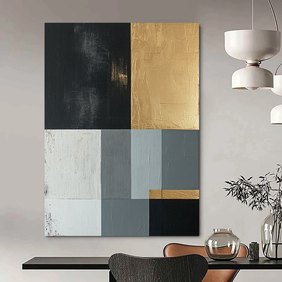 Black, Gold, Gray, White with Geometric Blocks "Elegant Geometry" Abstract Painting On Canvas HB001
