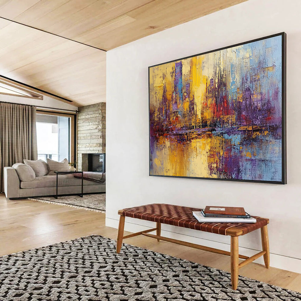 “Colorful City Reflection” - Yellow, Purple, Blue, Abstract Cityscape Reflection Painting On Canvas HB0986