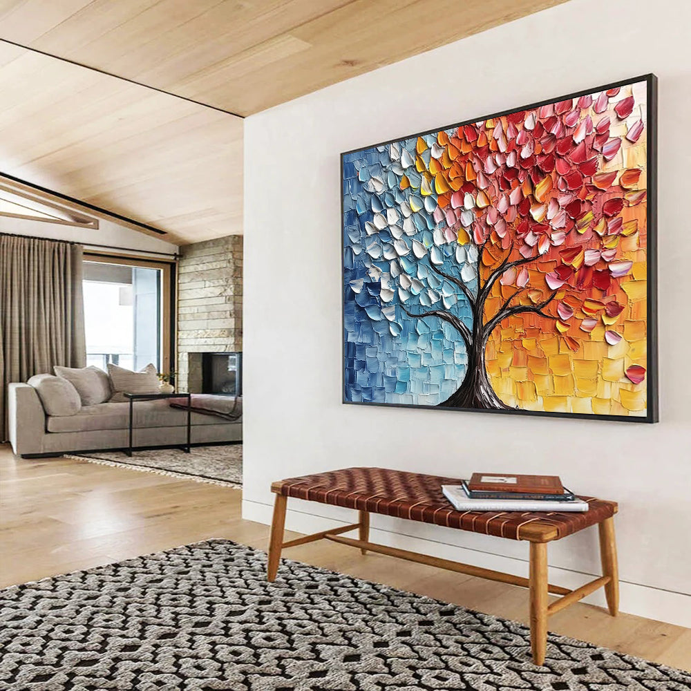 “Split - Color Textured Tree” - Blue, Orange, Red, Yellow, Textured Tree Silhouette - Palette Knife Acrylic Painting HB1638