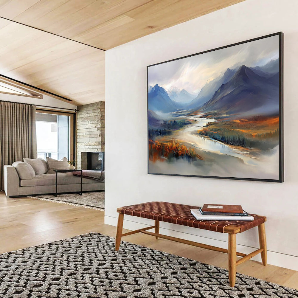 Misty Mountain Valley with River - Ethereal Landscape Painting On Canvas HB0452
