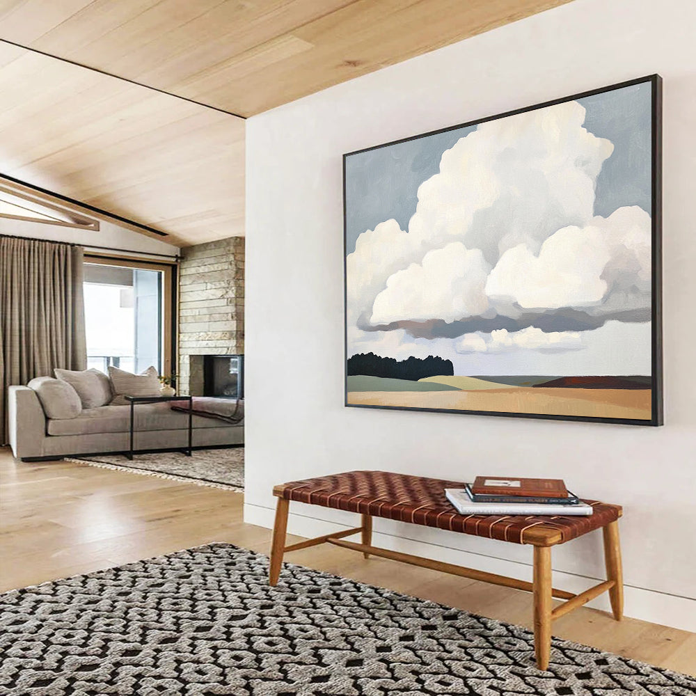 “Cloudscape Calm” - Soft grays, whites, muted greens, browns; Big fluffy clouds, open fields, trees; Minimalist Landscape Painting On Canvas HB1150