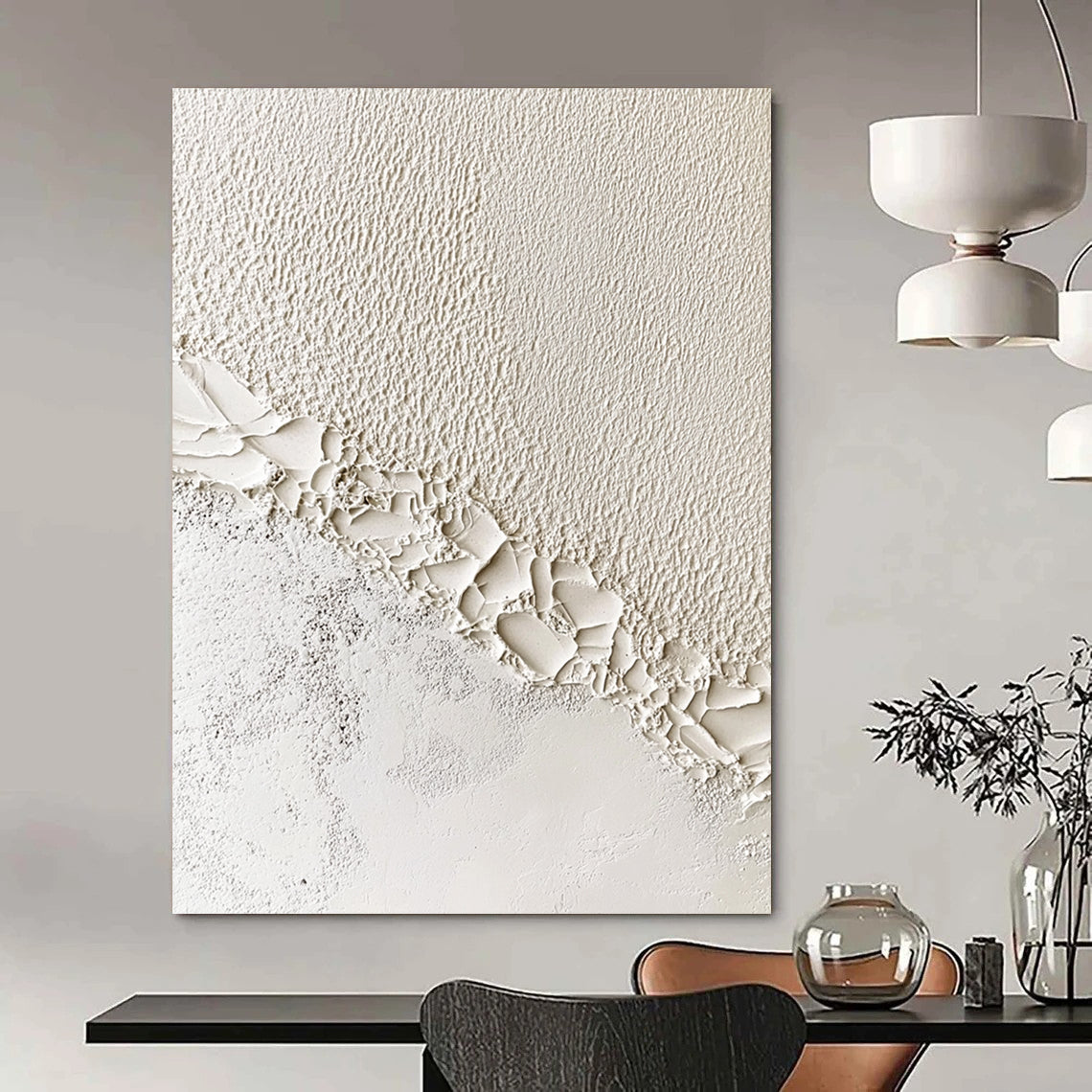 Contemporary hand-painted abstract artwork featuring textured white waves at the wall and ceiling edge, symbolizing creativity and innovation in architectural design. DLZ1215