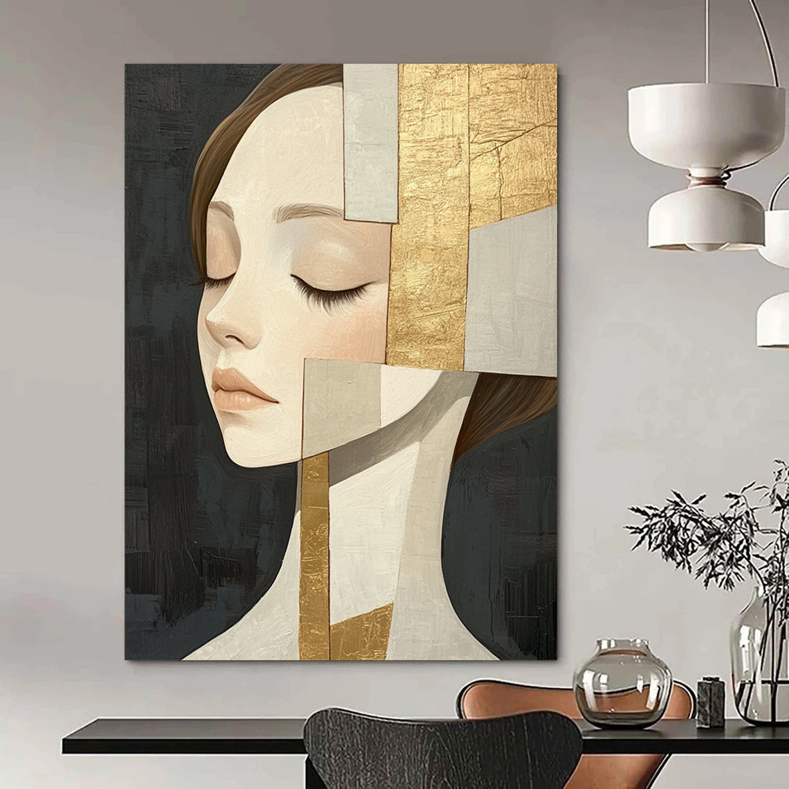 Large contemporary hand-painted abstract artwork featuring an elegant woman in beige tones with gold leaf accents against a dark gray background. DLZ1405
