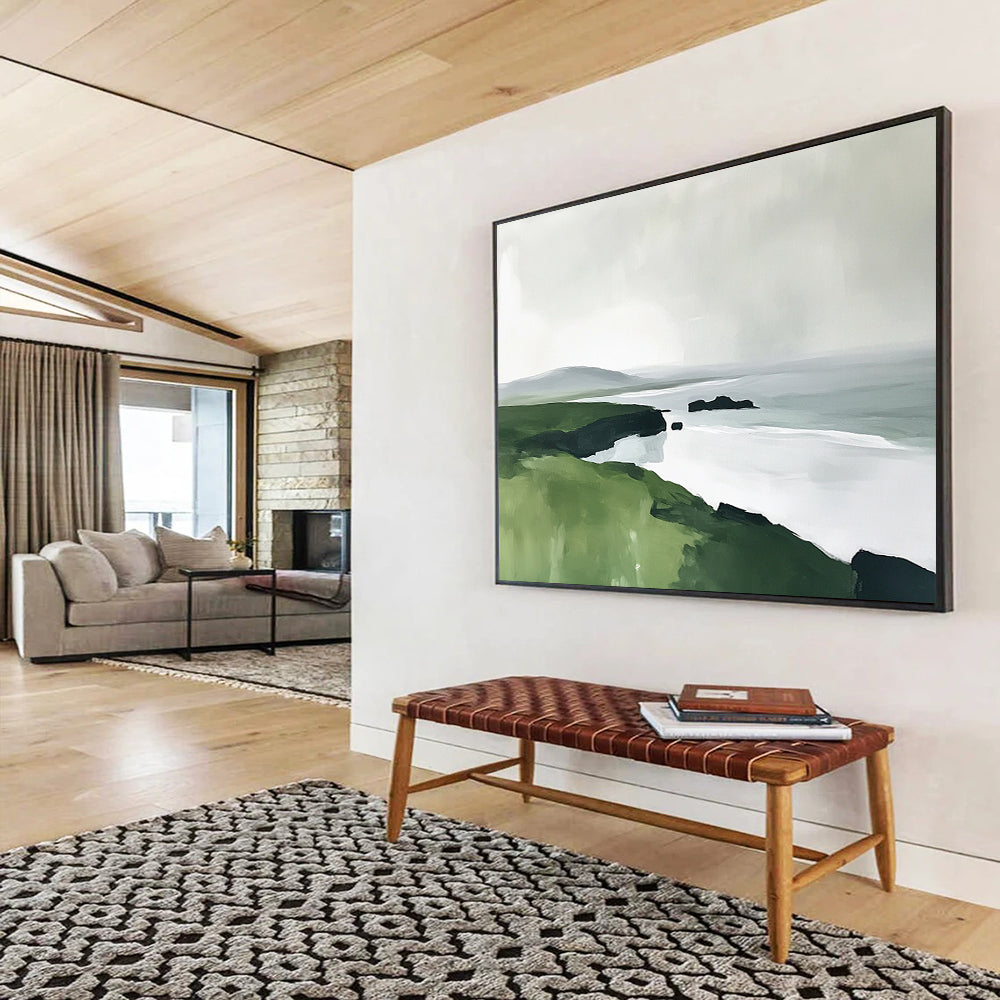 “Coastal Cliffs in Green & Gray” - Lush green, muted gray, white sea, Modern Landscape Painting On Canvas HB0611