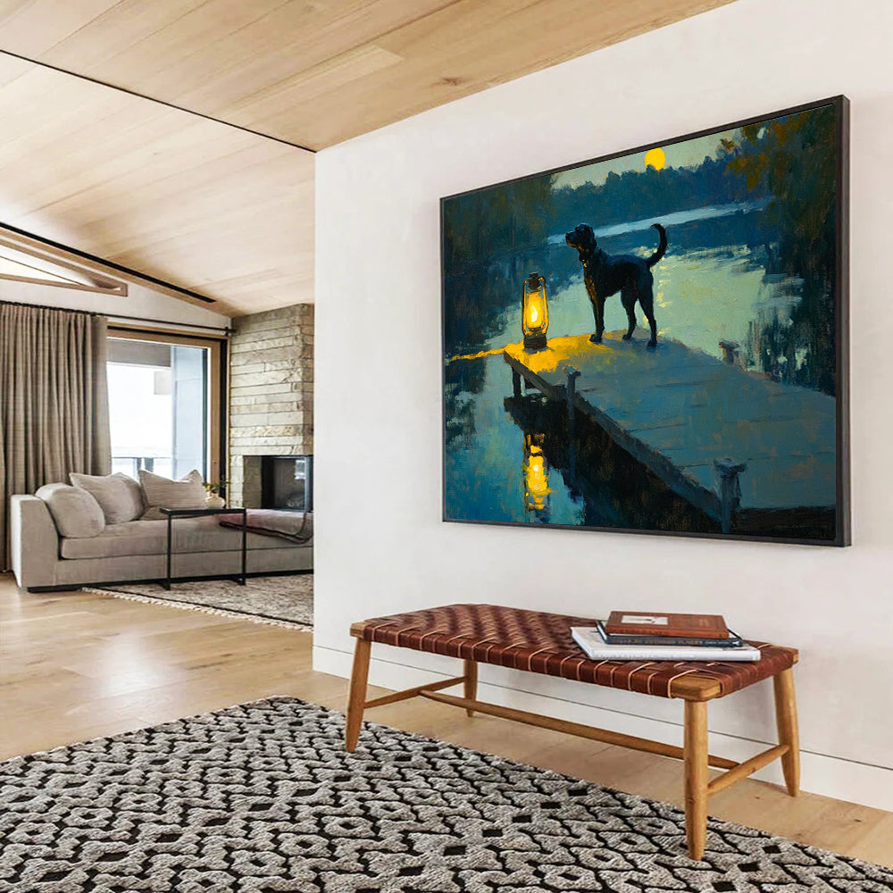 “Moonlit Dog by the Lake” - Blue, Yellow, Black Dog, Lake, Lantern - Realist Oil Painting HB1685