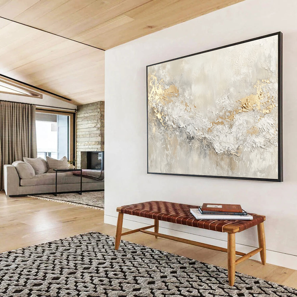 “Gilded Texture” - Beige, White, Gold with Textured Swirls - Abstract Acrylic Painting HB1337