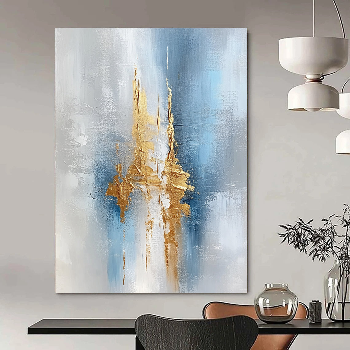 Large contemporary hand-painted abstract artwork featuring a textured light gray and white background with intricate blue and gold accents. DLZ0328