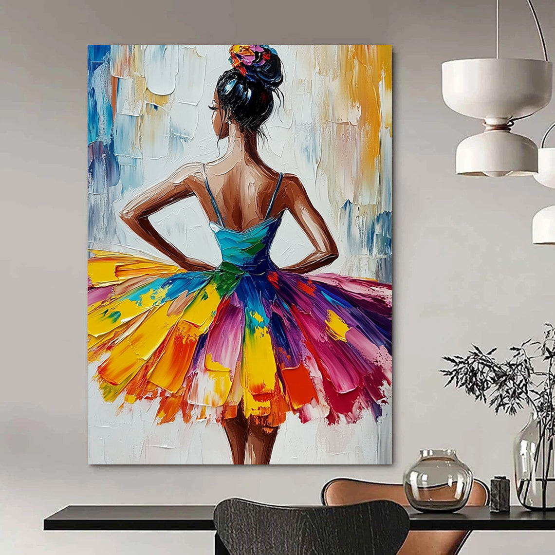 Vibrant contemporary abstract art featuring an African American ballerina in a colorful tutu with expressive brushstrokes on a textured white canvas. DLZ1118