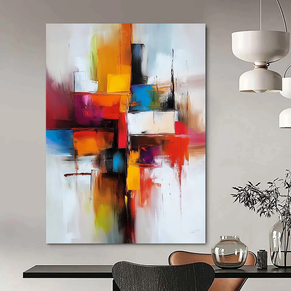 Contemporary hand-painted abstract artwork featuring vibrant reds and oranges with a central cross and dynamic geometric shapes expressing energy and fluidity. DLZ0677