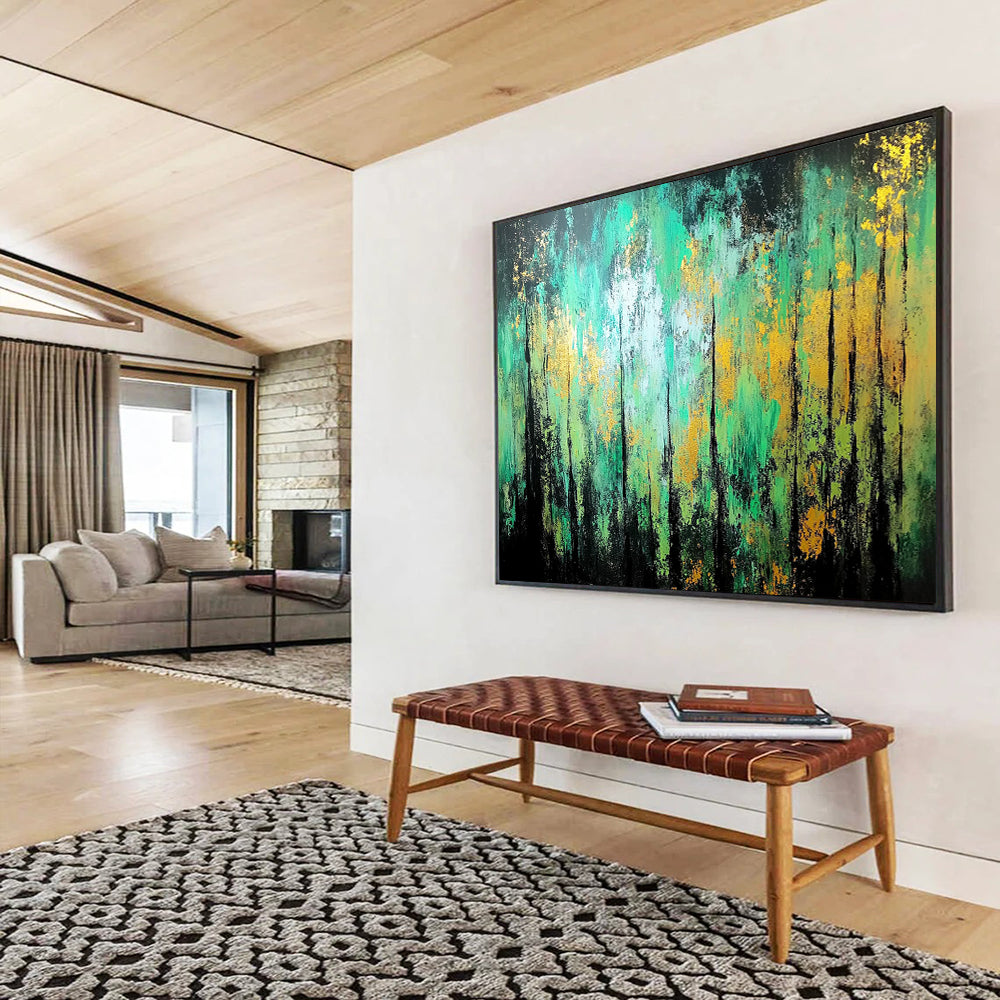 “Enchanted Forest Abstract” - Green, Teal, Gold, Black with Tree - like Forms - Painting On Canvas HB1382