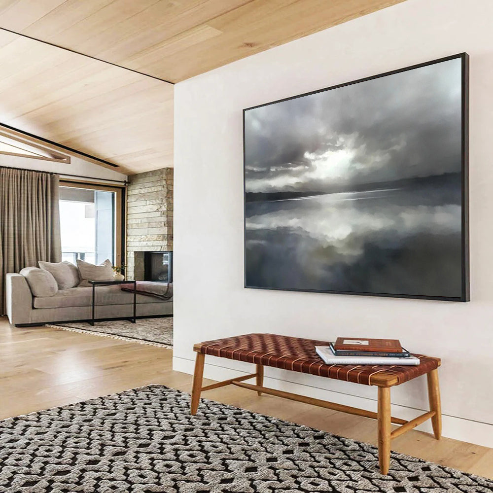 “Moody Lake Reflection” - Gray clouds reflected in a lake, Impressionist Landscape Painting On Canvas HB0551