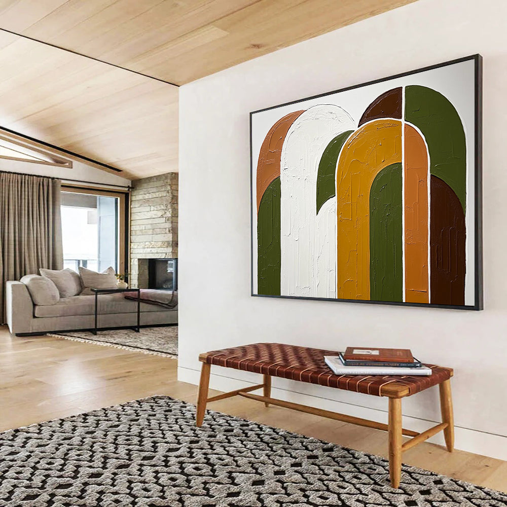 “Textured Color Arches” - Green, orange, white, brown, Textural Abstract Painting HB0623