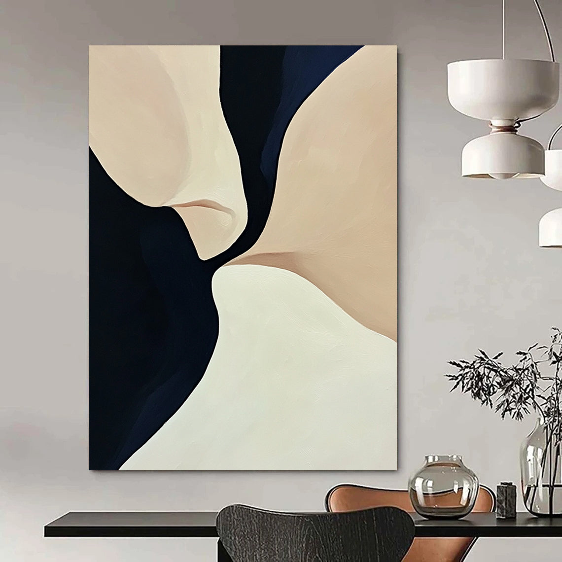 Contemporary hand-painted abstract art featuring smooth curves and flowing lines in light beige and navy blue tones with dark accents. DLZ0972