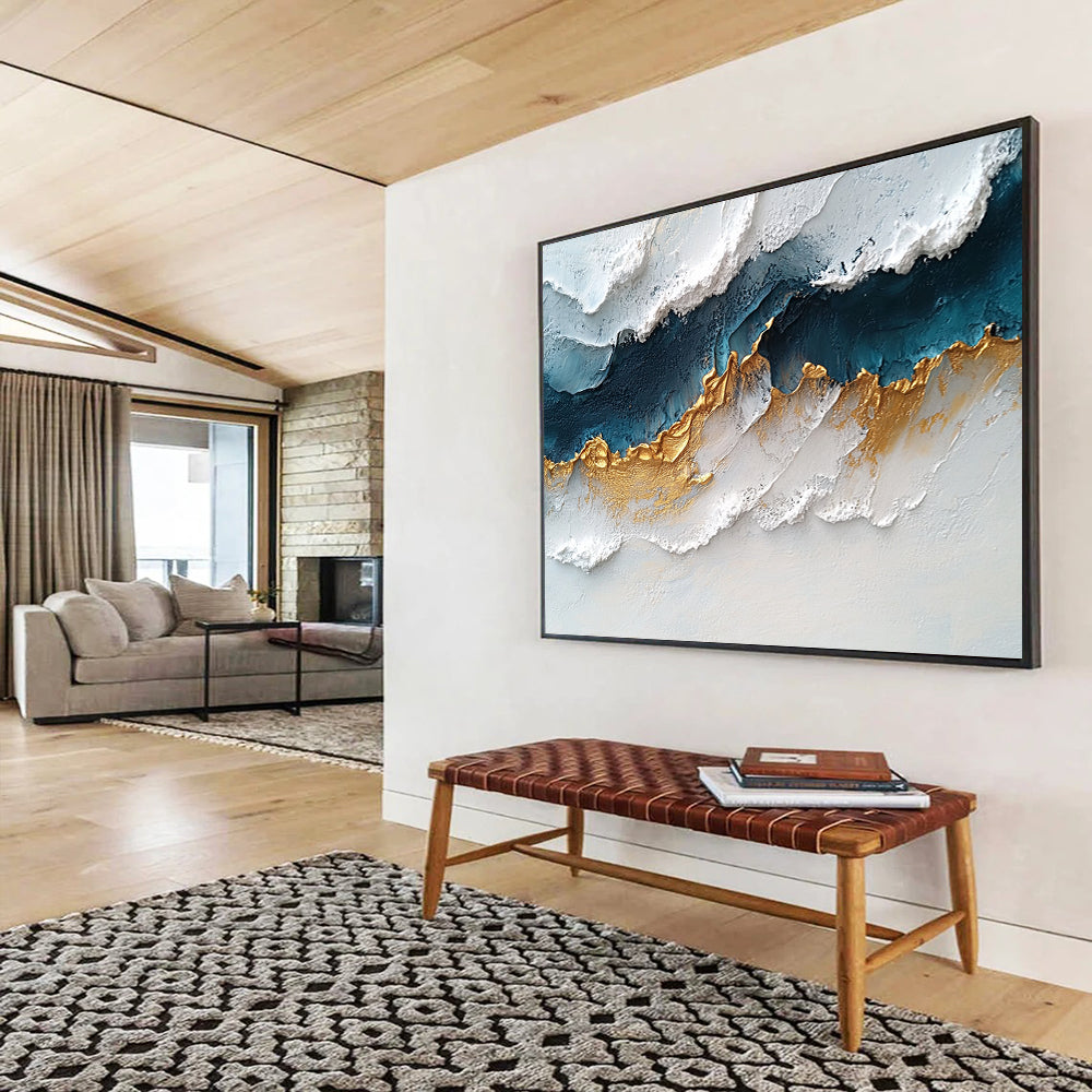 “Elegant Gold - Blue Textures” - White, Blue, Gold, Textured Abstract Painting On Canvas HB0731