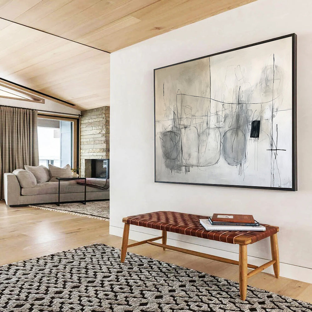“Minimalist Sketches” - Gray, Black, White, Abstract Line Drawings Painting On Canvas HB1041