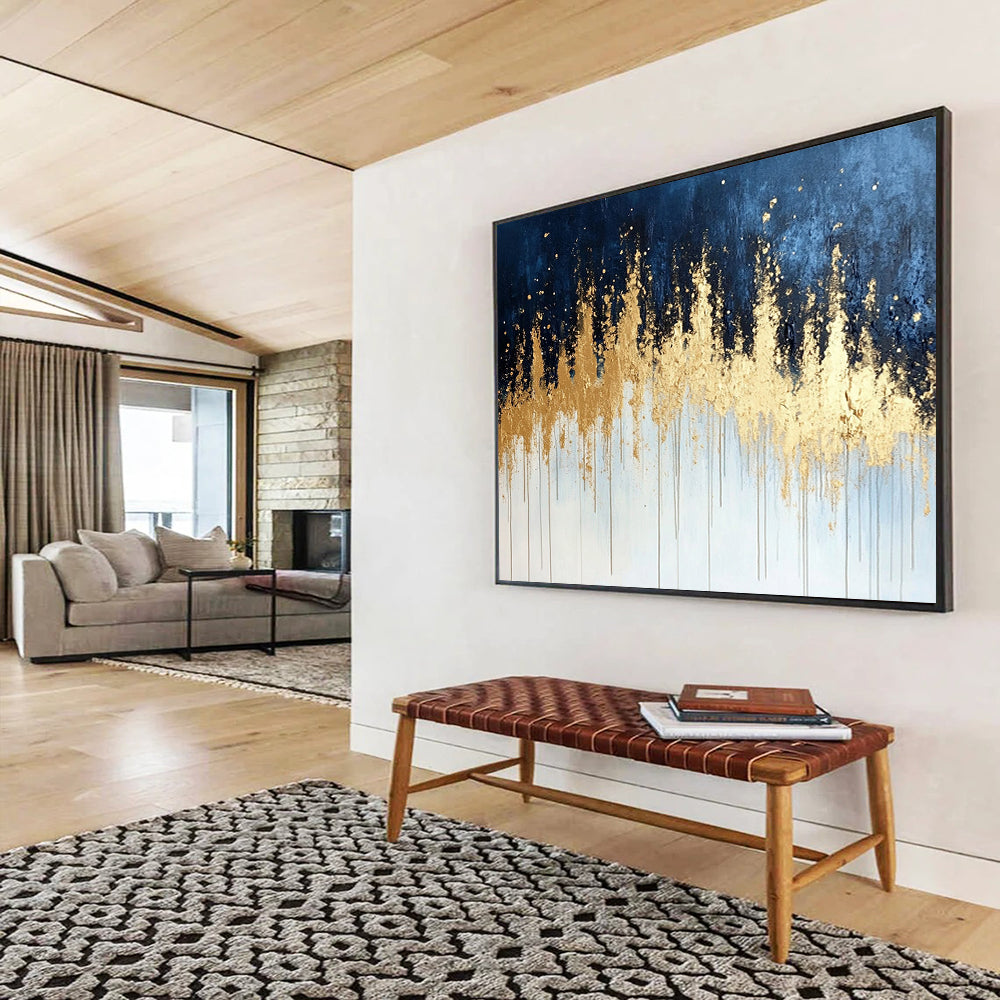 “Gold Drip on Blue - Gray Abstract” - Gold, Blue, Gray, White, Dripping Textures Painting On Canvas HB0825