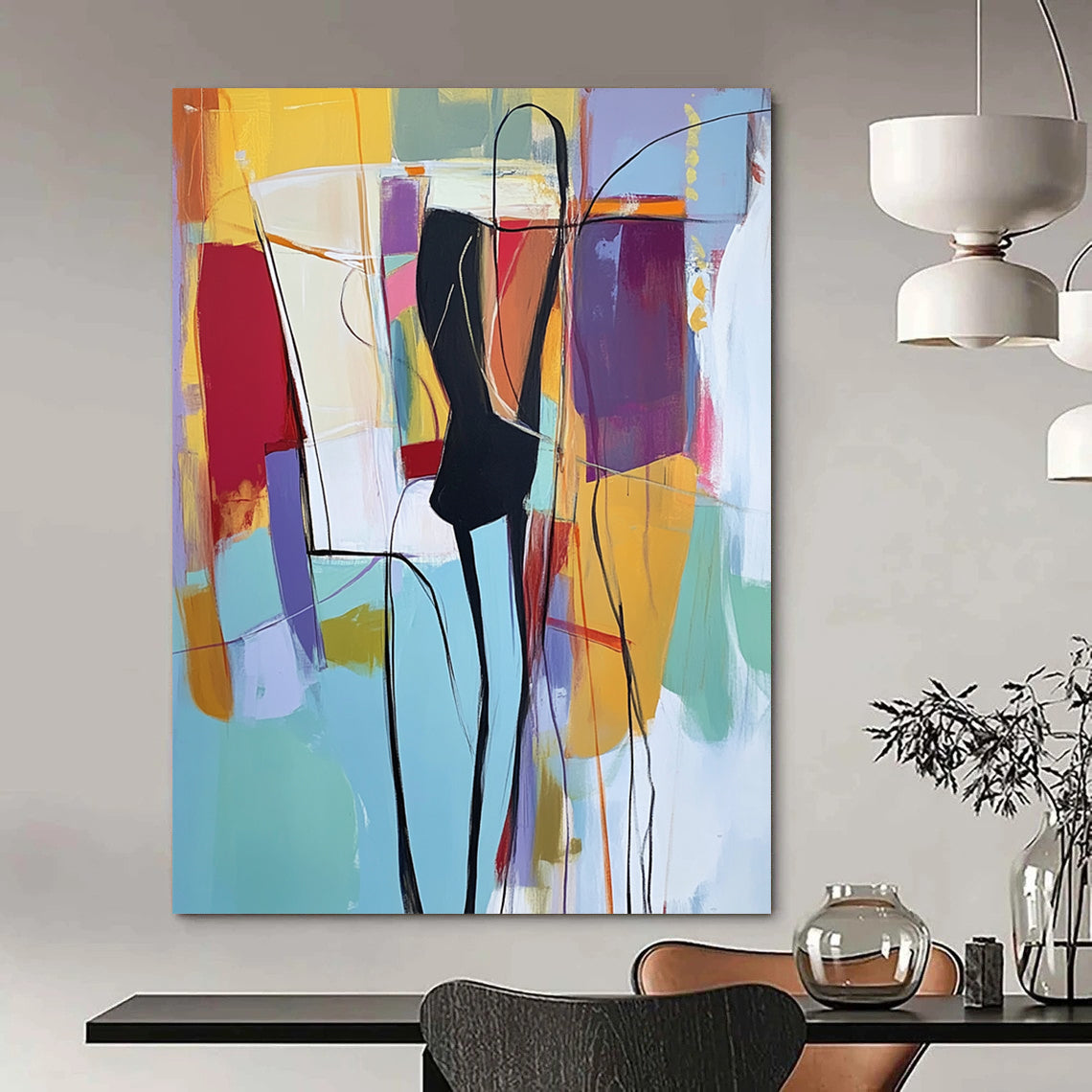 Contemporary hand-painted abstract art featuring light blue hues with vibrant reds yellows greens and purples depicting a figure in a black suit. DLZ0996