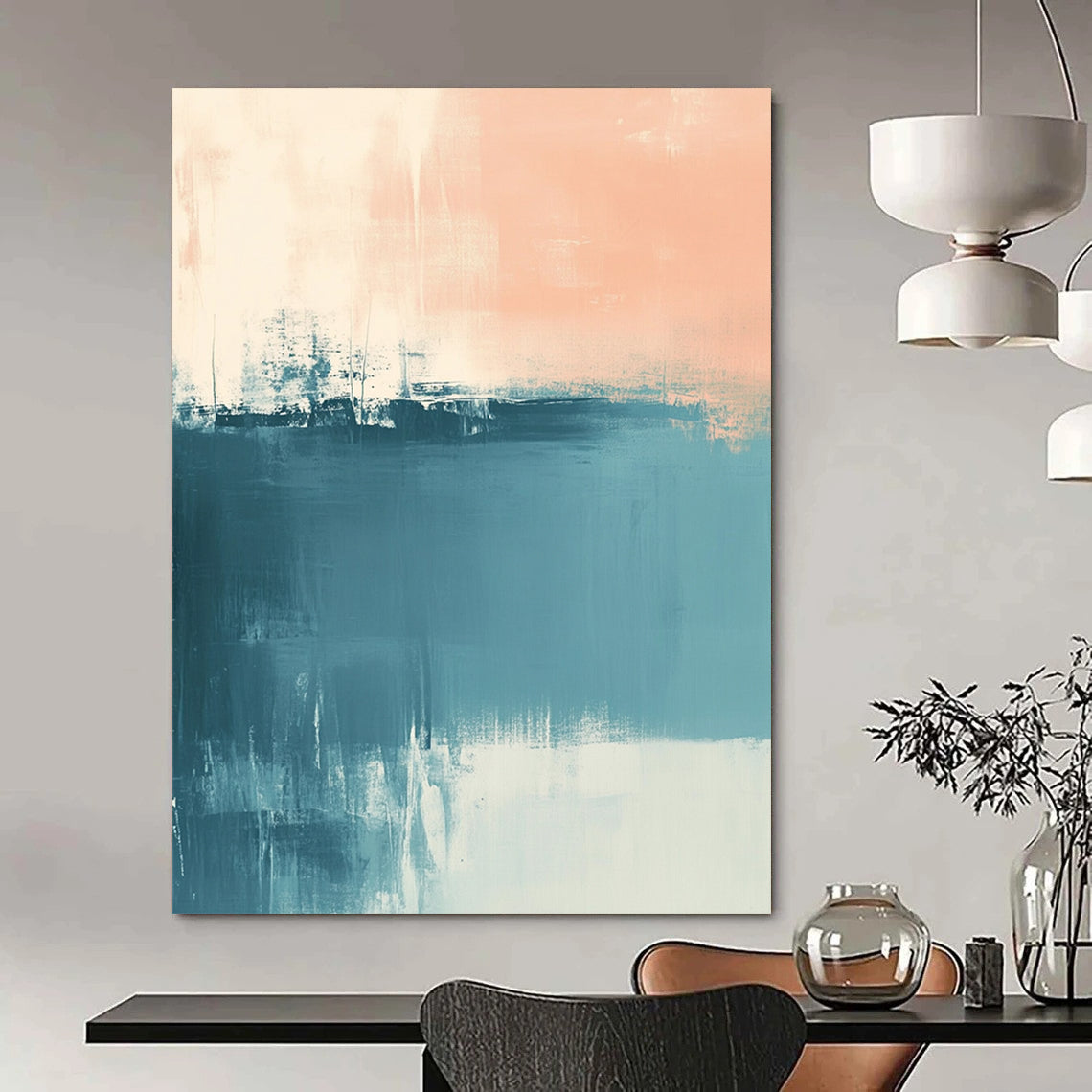 Contemporary hand-painted abstract art featuring muted blue and peach tones with soft brush strokes and a calming sea-inspired atmosphere. DLZ0554