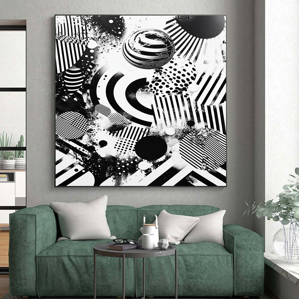 Black and White Mixed Shapes "Chaotic Unity" Painting On Canvas HB270