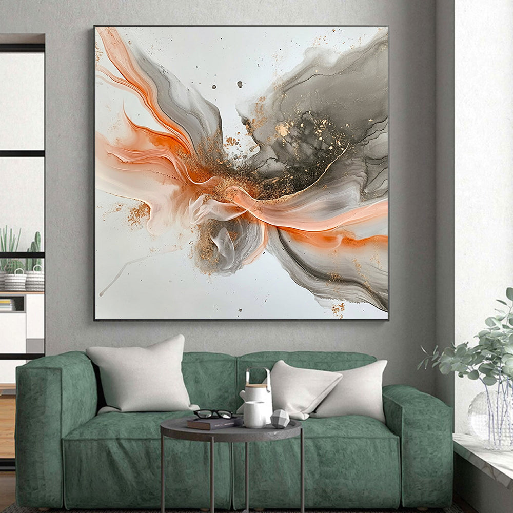 Gray, Orange, Gold, Flowing Shapes "Fiery Grace" Abstract Painting On Canvas HB034