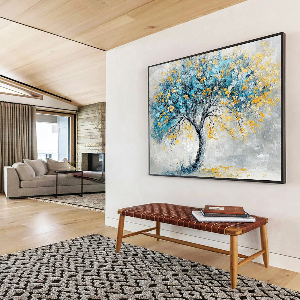 “Blue - Yellow Tree” - Gray background, blue foliage, yellow blossoms, Textured Tree Painting On Canvas HB0589