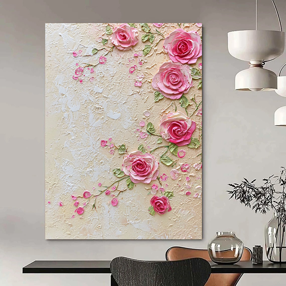 Contemporary handcrafted abstract art features delicate pink lace and roses with an elegant beige background of small flowers and greenery, exuding refined charm and sophistication. DLZ1247