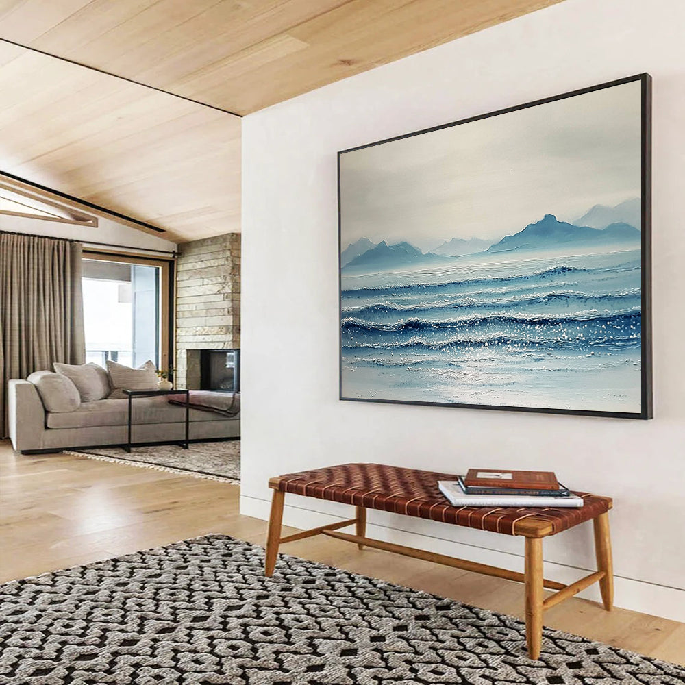 “Sparkling Sea and Distant Peaks” - Shades of Blue, White, Silver, Glittering Ocean and Mountains - Textured Oil Painting HB1612