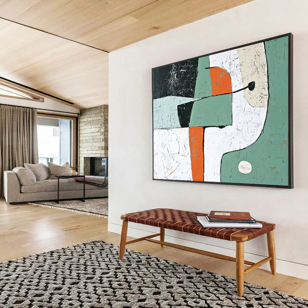 “Playful Shapes” - Green, Orange, White, Abstract Forms - Modernist Acrylic Painting HB1529