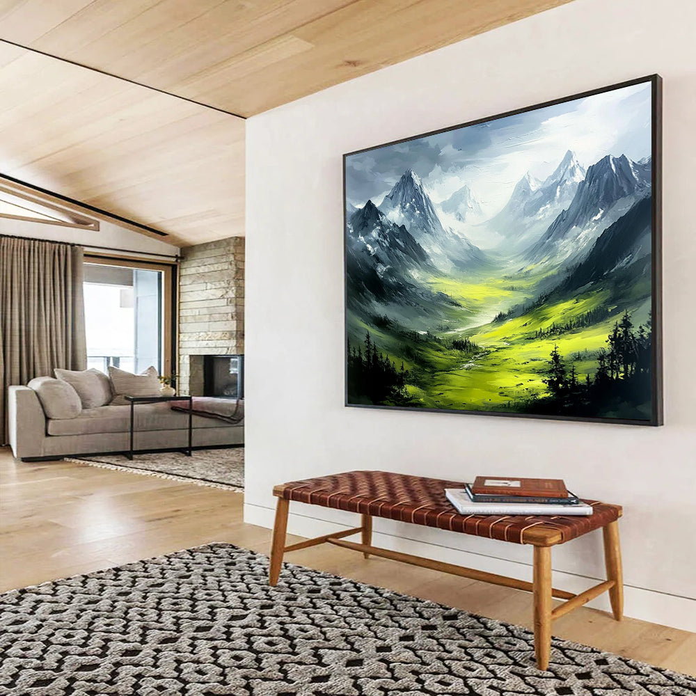 “Mountain Valley Dream” - Green, gray, mountain valley, Landscape Painting On Canvas HB0561