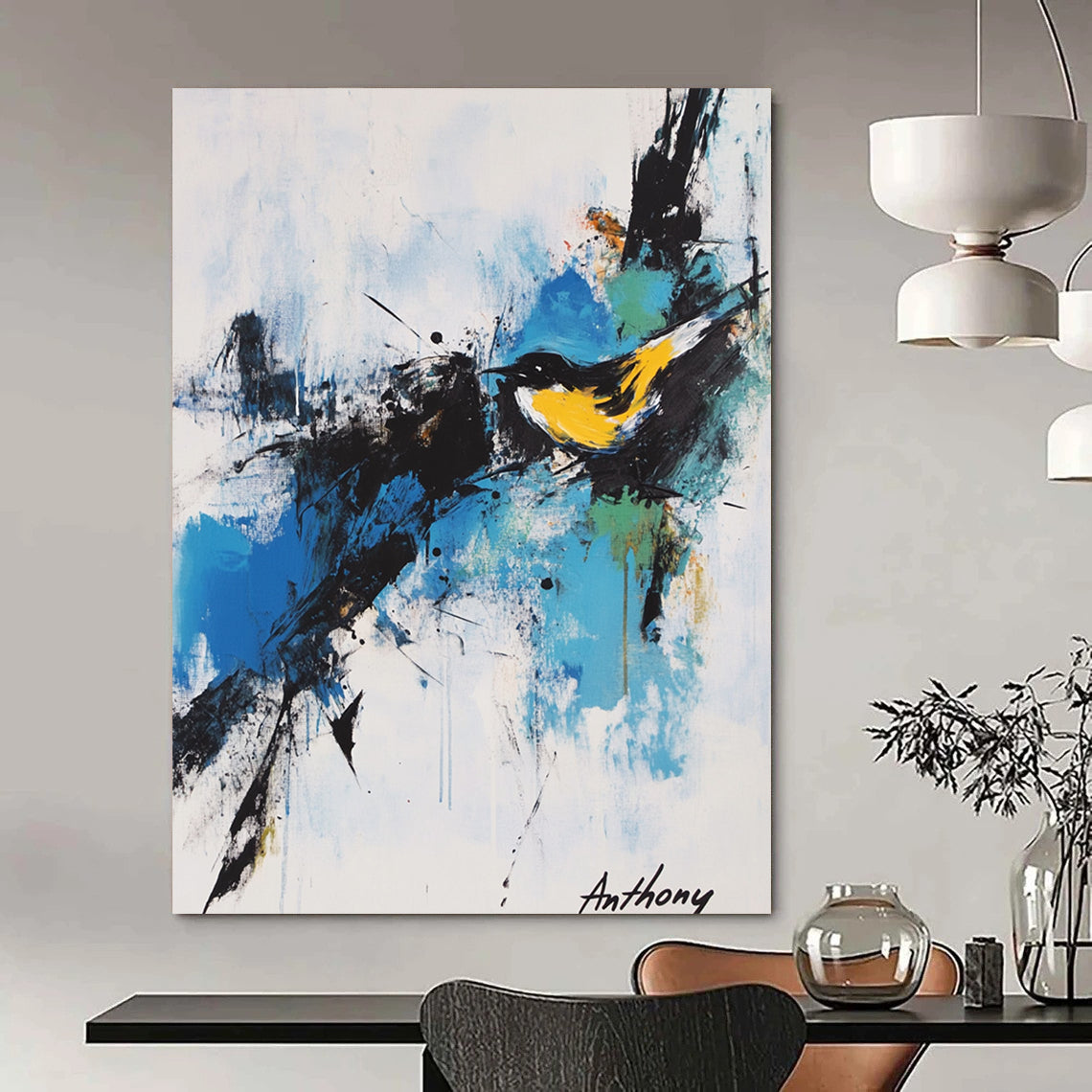 Contemporary hand-painted abstract artwork featuring expressive calligraphy and vibrant splashes of color including a yellow bird against a white background. DLZ0358