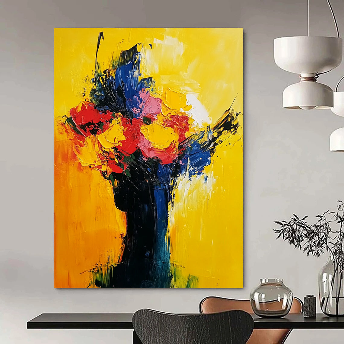 Contemporary abstract painting in vibrant yellow red and blue showcasing expressive flowers and a sunrise with visible brush strokes on oil canvas. DLZ0542