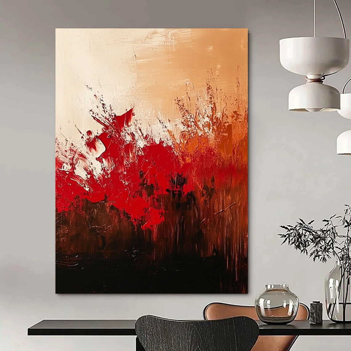 Contemporary hand-painted abstract artwork featuring red and brown hues against a textured beige background with elegant brushwork and depth. DLZ0991