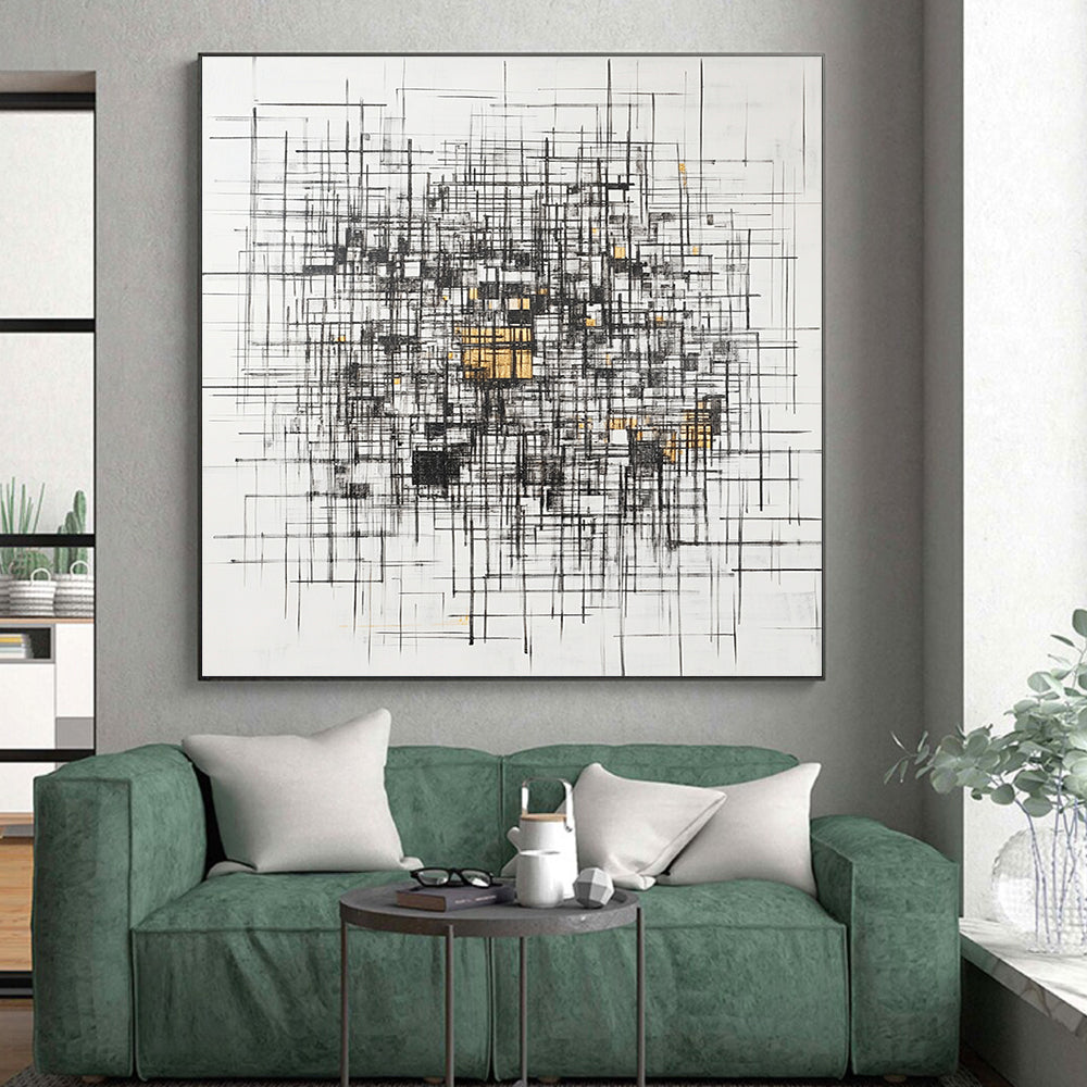 Black, White, Gray, Gold, Triangular Mosaic "Gilded Geometric Puzzle" Abstract Cubist - Inspired Painting On Canvas HB127