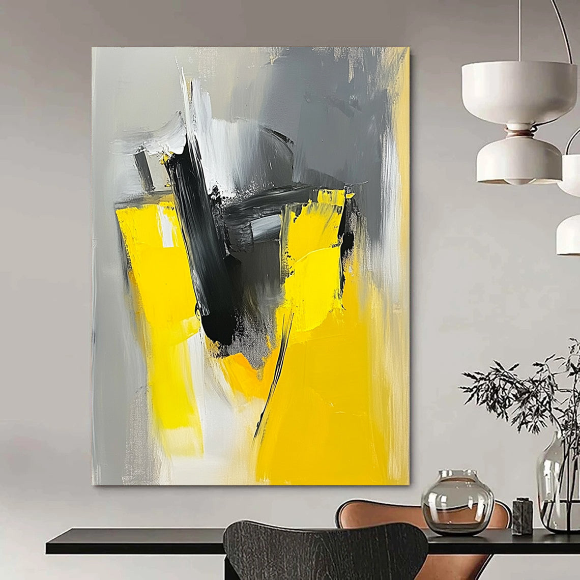 Large contemporary hand-painted abstract artwork featuring loose brush strokes in a striking gray and yellow color palette. DLZ0863