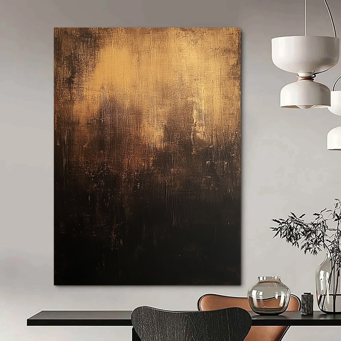 Contemporary abstract art features a dark brown distressed background with textured dark grays and subtle gold accents in a captivating style. DLZ1241