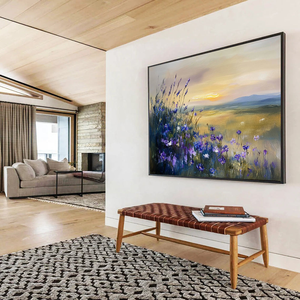 “Purple Wildflower Sunset” - Purple, Yellow, Blue, Wildflowers and Sunset Landscape Painting On Canvas HB0946