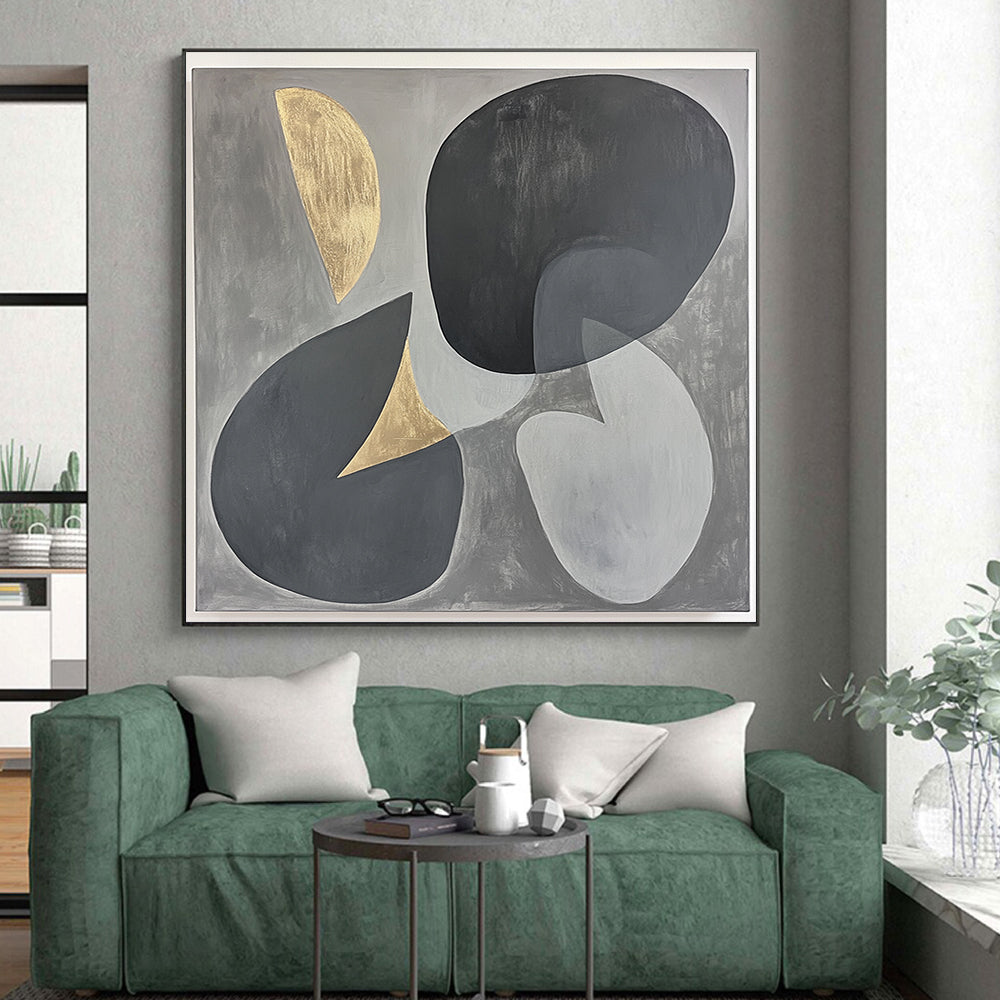 Gray, Black, Gold and Silver Geometric Abstraction "Energetic Geometry" Painting On Canvas HB399