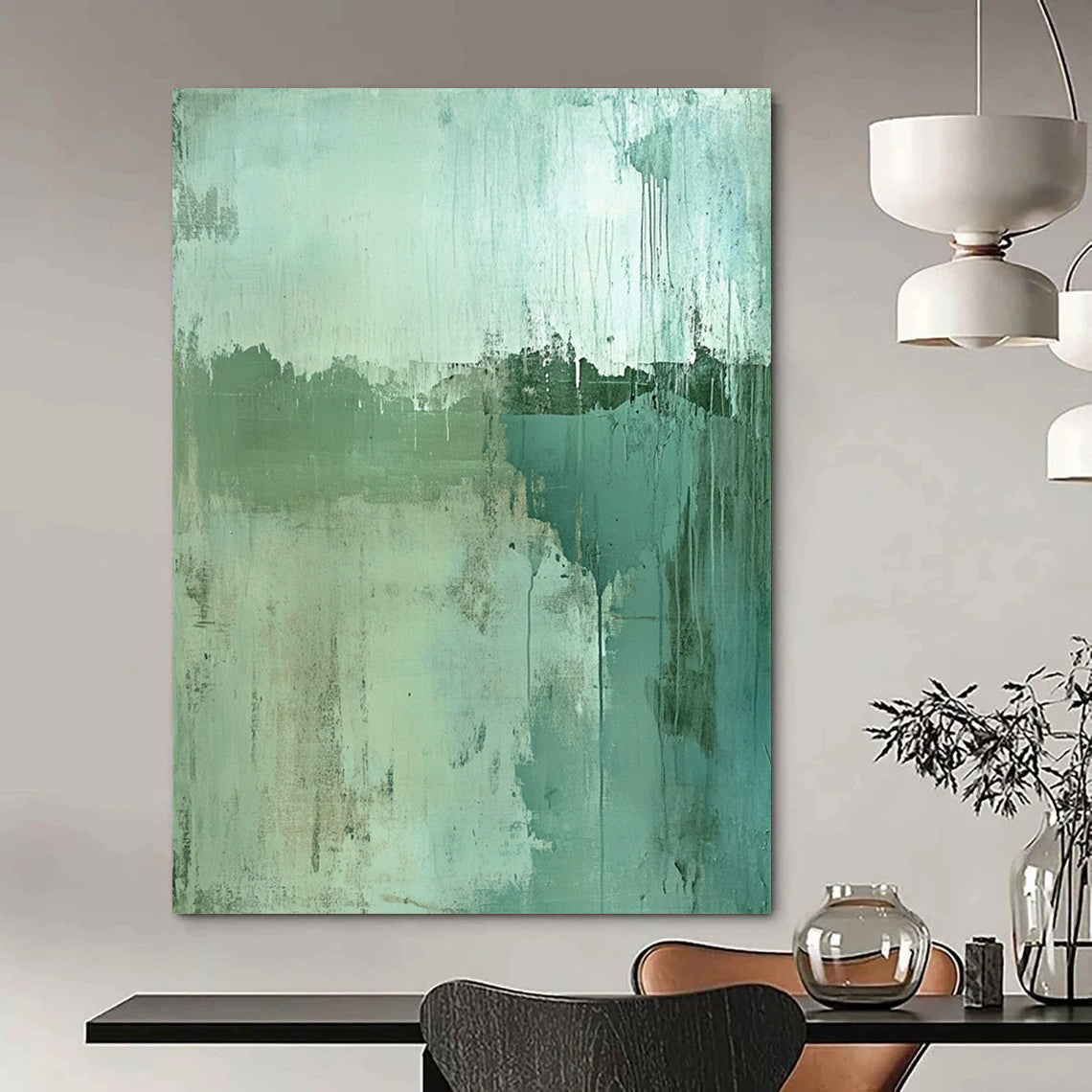 Contemporary hand-painted abstract artwork features a worn landscape in green and blue tones with textured depth and a subtle focal point for intrigue. DLZ0962