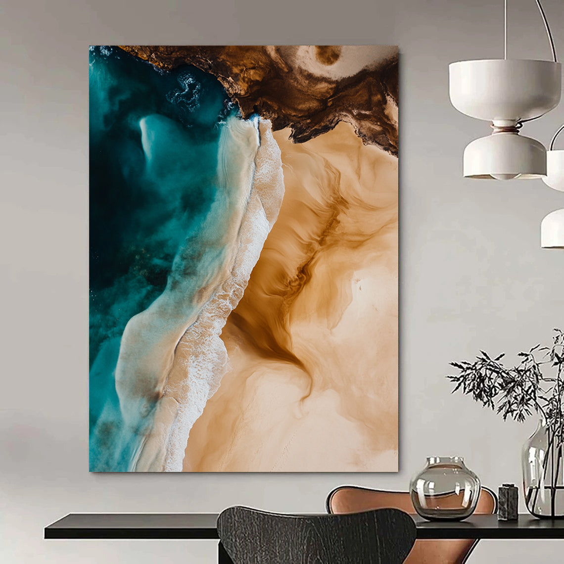 Contemporary hand-painted abstract art featuring ocean waves and sandy beaches in light brown and blue hues, capturing natural beauty and serene tones. DLZ1484