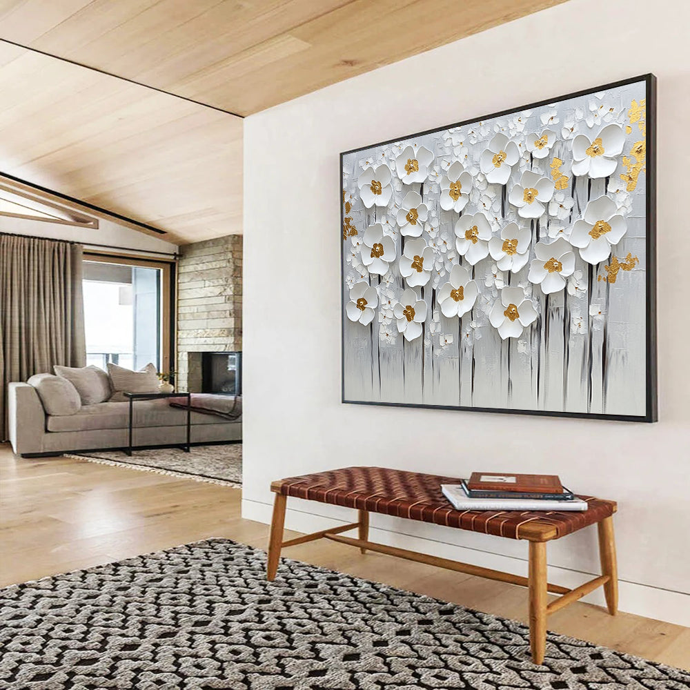 “Elegant White Flowers with Gold Centers” - White, gold, gray; 3D white flowers with gold centers on a gray - textured background; Mixed Media Painting On Canvas HB1199
