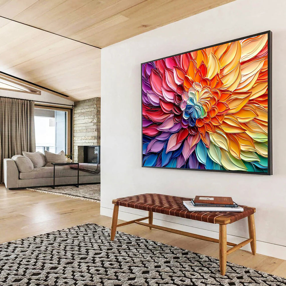 “Textured Rainbow Flower” - Multicolor, Textured Flower Painting On Canvas HB0745