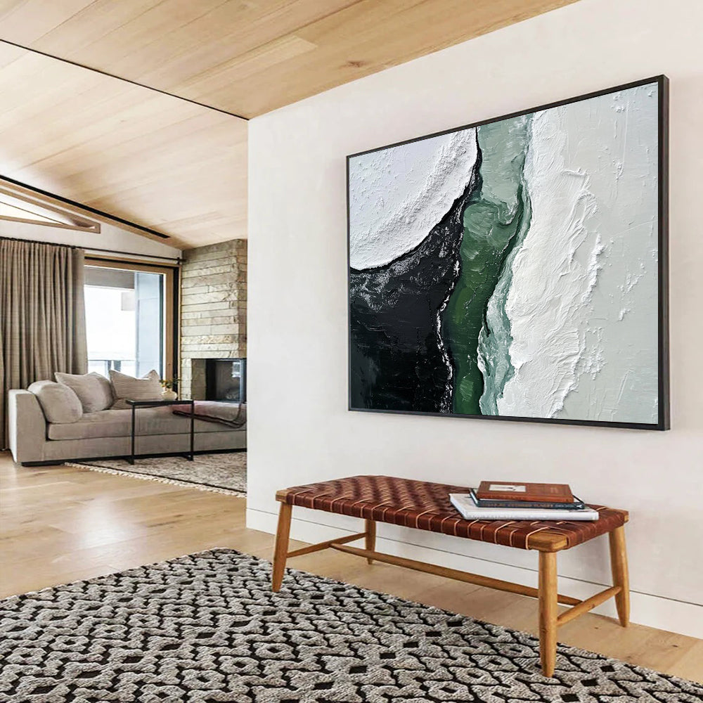 “Contrast of Textured Shapes” - White, Black, Green, Textured Abstract Painting On Canvas HB0732
