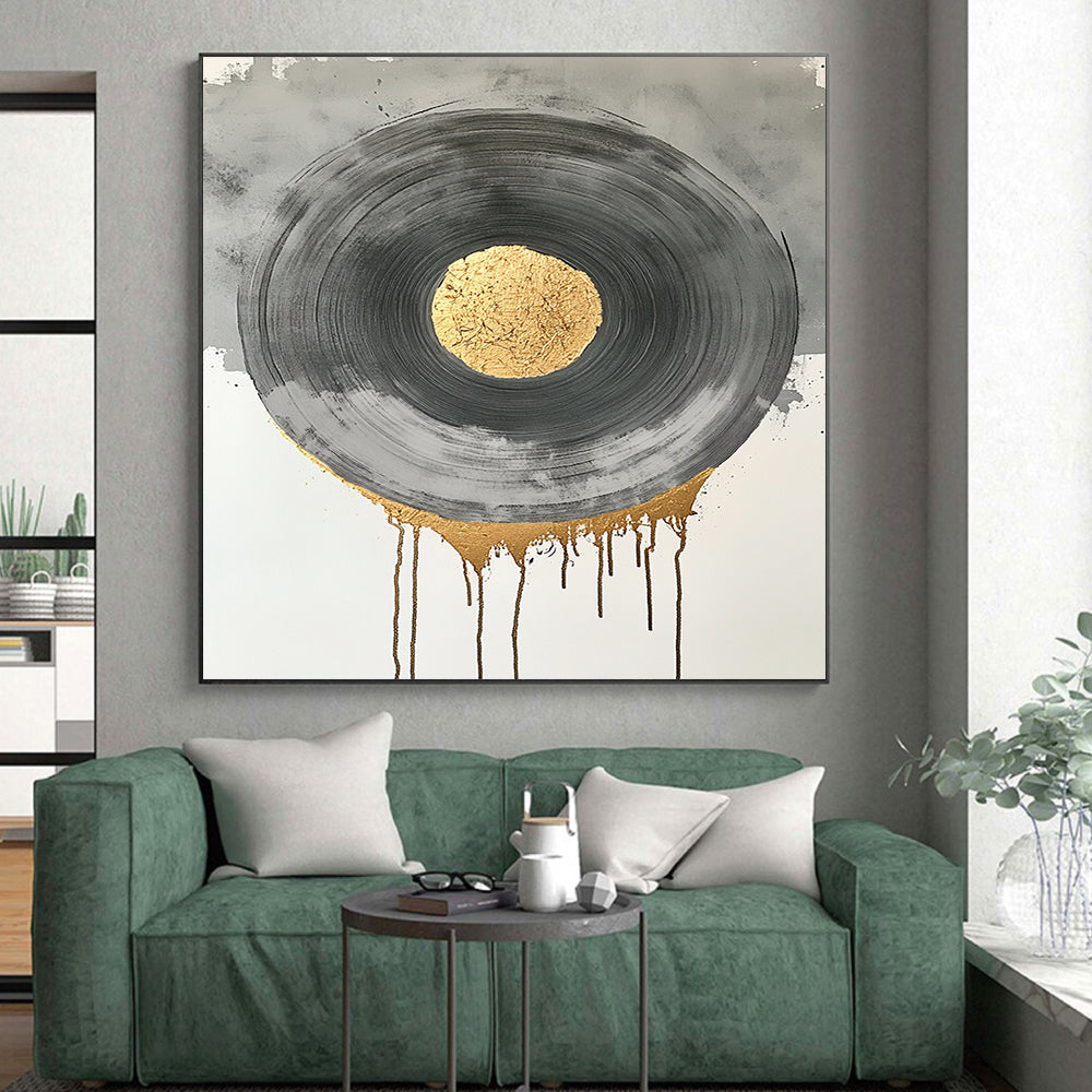 Black, Gray, Gold and Silver Geometric Circles "Harmonious Circles" Painting On Canvas HB384