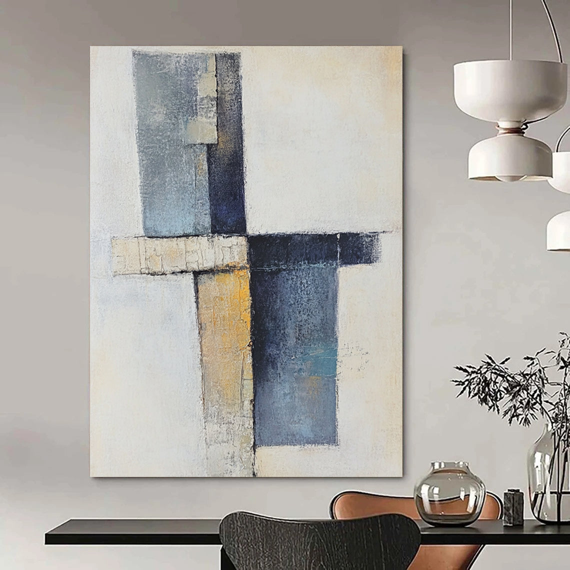 Contemporary abstract artwork showcasing a cross with soft shapes in earthy tones and blue-gray, featuring a vertical line and scattered blocks. DLZ0969