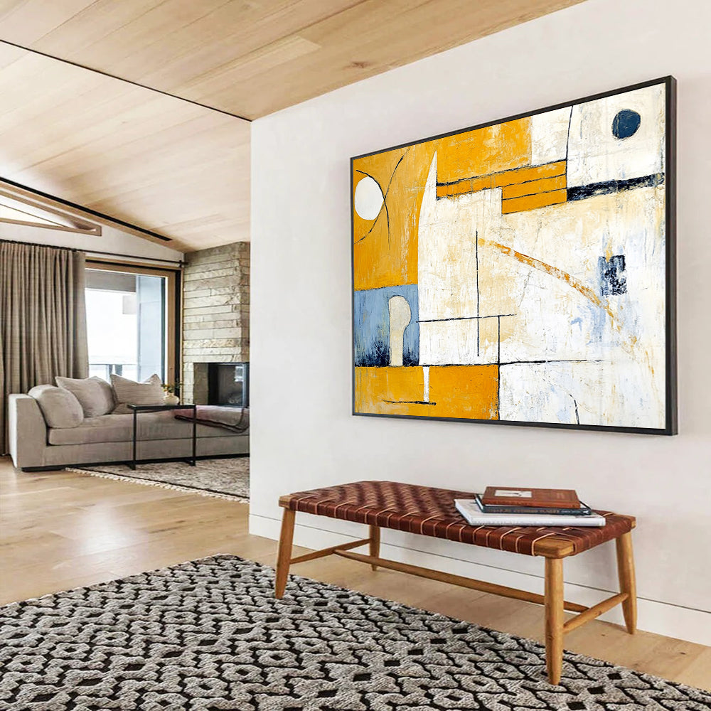 “Yellow - Blue Geometric Abstraction” - Yellow, Blue, White with Geometric Shapes - Abstract Acrylic Painting HB1352