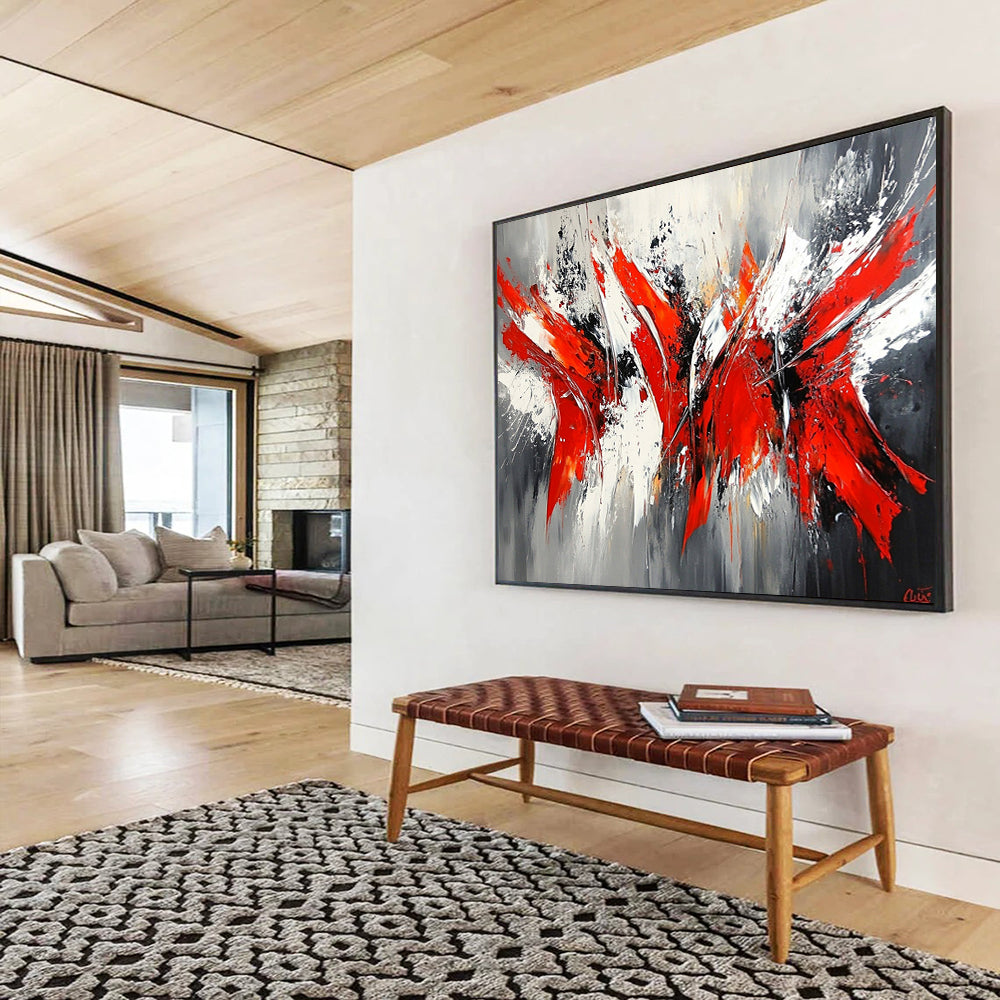 “Red & Gray Abstract Surge” - Bold reds, whites, grays, blacks; Dynamic abstract strokes; Abstract Expressionist Painting On Canvas HB1164