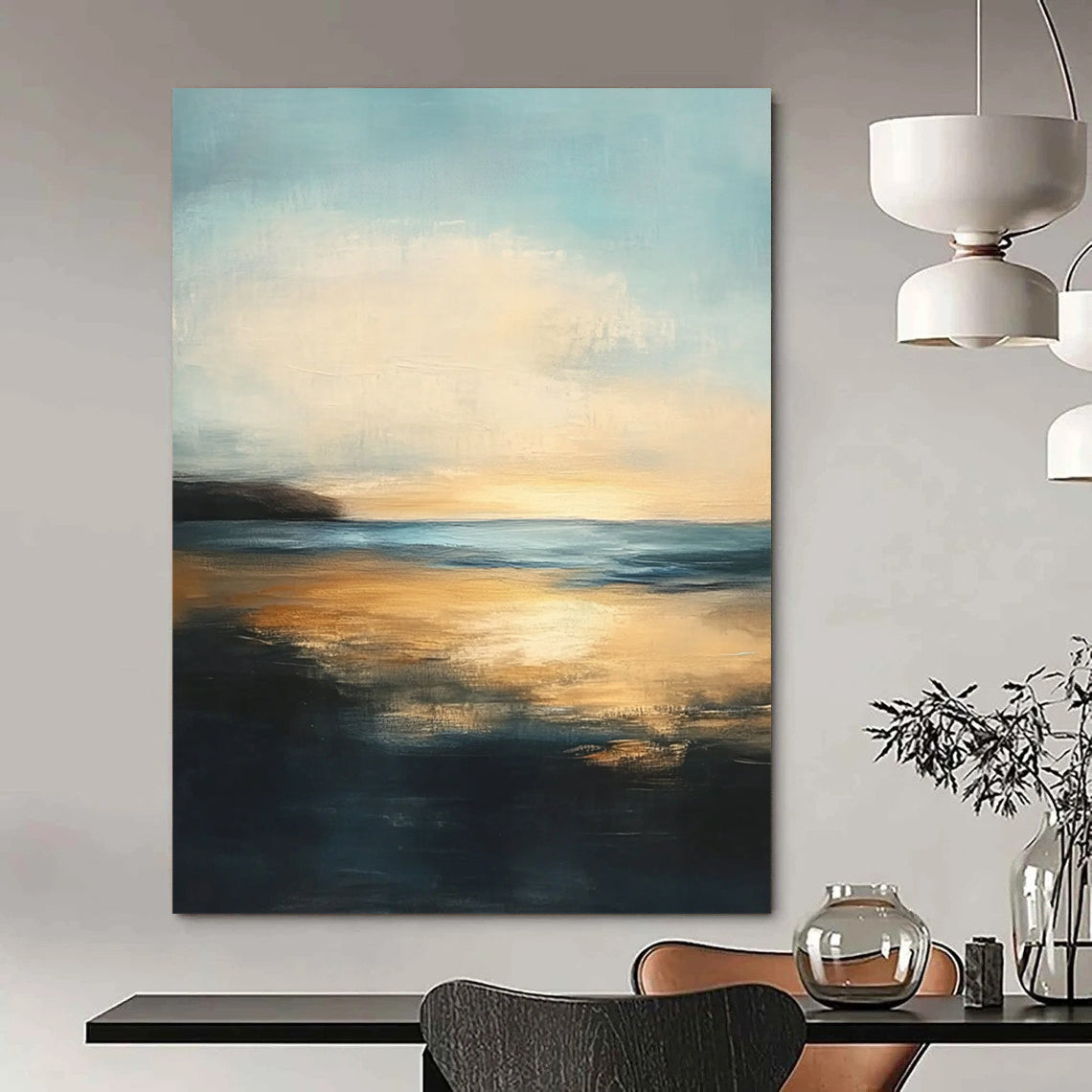 Contemporary abstract painting features a serene sea with golden sunset reflections and a tranquil sky, evoking peacefulness and contemplation in soft brushstrokes. DLZ0412