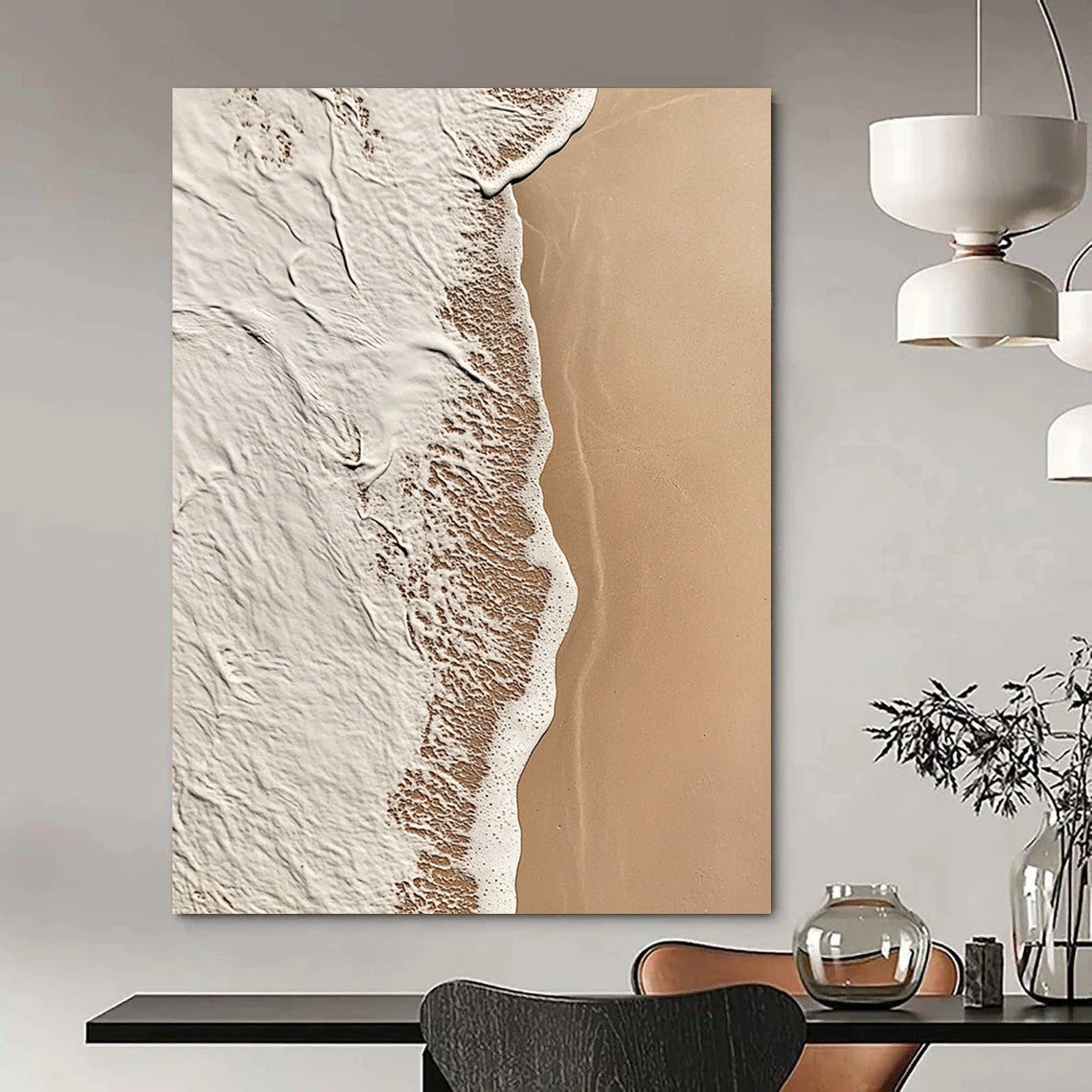 Contemporary abstract art showcasing intricate beige and white patterns blending with solid brown, evoking calmness and natural tranquility. DLZ1182